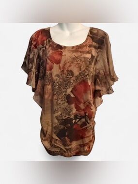 Espresso Brown Floral Flutter-Sleeve Blouse